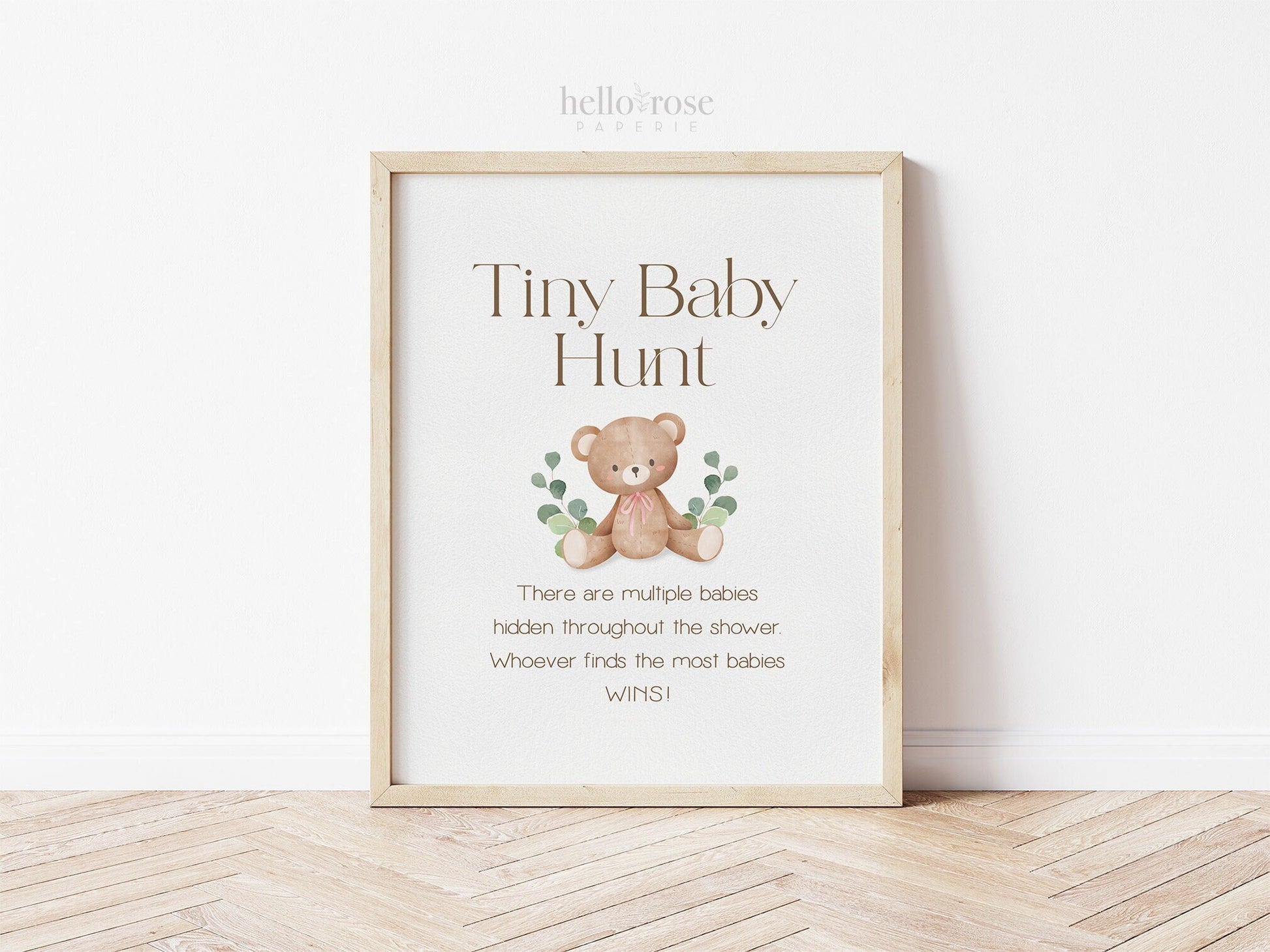Tiny Baby Hunt Teddy Bear Printable Game Sign . Baby Shower Girl Pink . We Can Bearly Wait. Bear with Greenery . 8x10 Instant Download