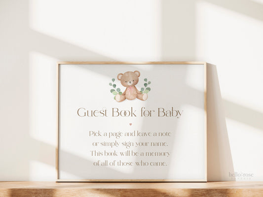 Pick a Page Baby Guest Book PRINTABLE Sign . Blue Boy Baby Shower . Teddy Bear and Greenery . We Can Bearly Wait . DIGITAL DOWNLOAD 8x10