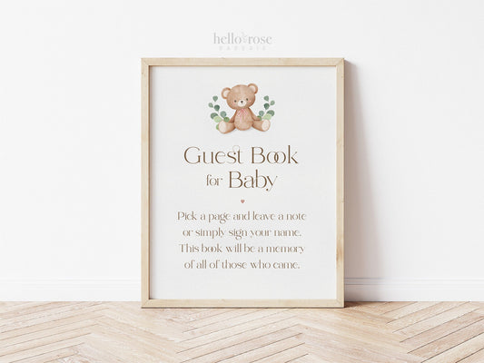 Pick a Page Baby Guest Book PRINTABLE Sign . Blue Boy Baby Shower . Teddy Bear and Greenery . We Can Bearly Wait . DIGITAL DOWNLOAD 8x10