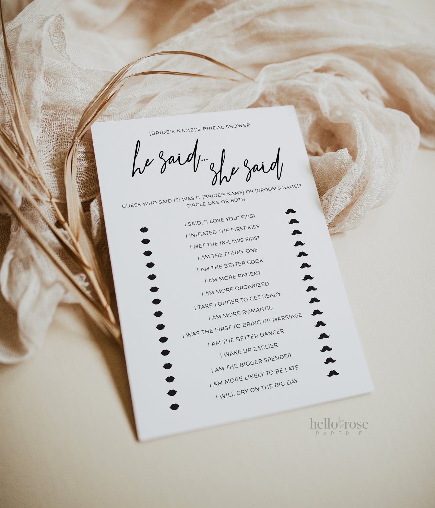 He Said She Said Who Said It Bridal Shower Bachelorette Hens Game . Minimalist PRINTABLE Editable Template . Instant Download Templett M2-T