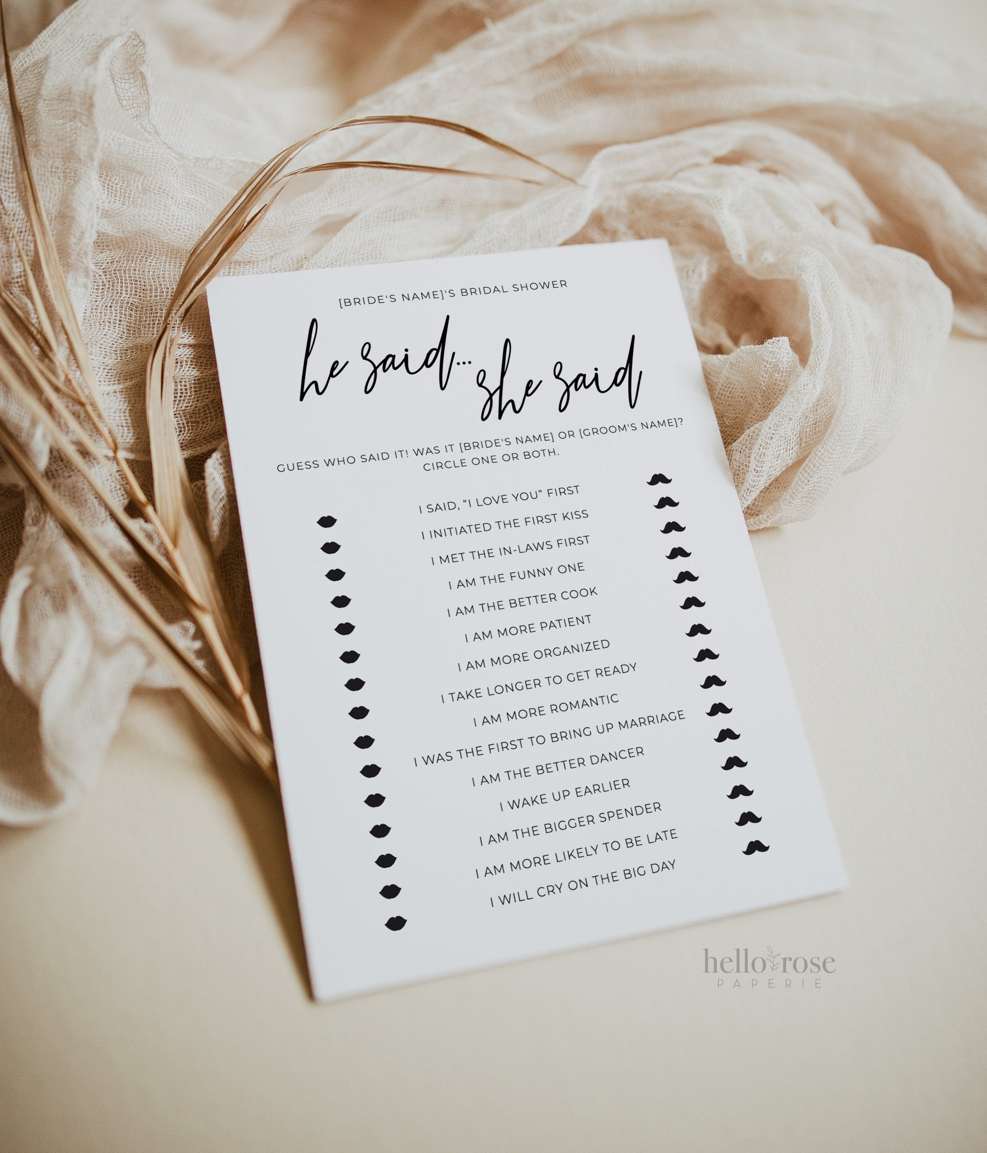 He Said She Said Who Said It Bridal Shower Bachelorette Hens Game . Minimalist PRINTABLE Editable Template . Instant Download Templett M2-T