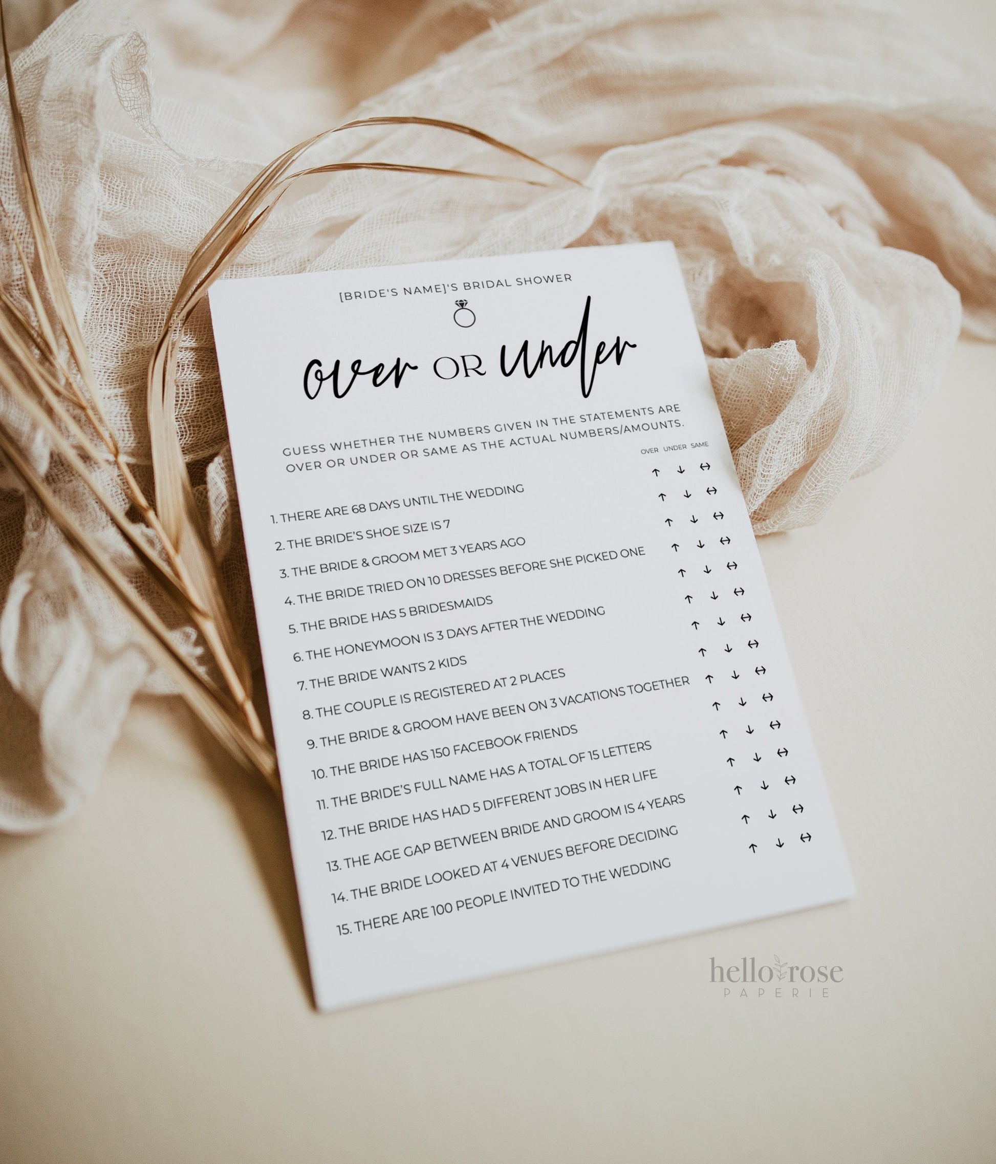 Over or Under Bridal Couples Shower Bachelorette Hens Game . Minimalist PRINTABLE Editable Template . Instant Download Templett M2-T