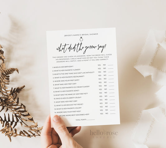 What Did the Groom Say Bridal Couples Shower Bachelorette Game . Minimalist PRINTABLE Editable Template . Instant Download Templett M2-T