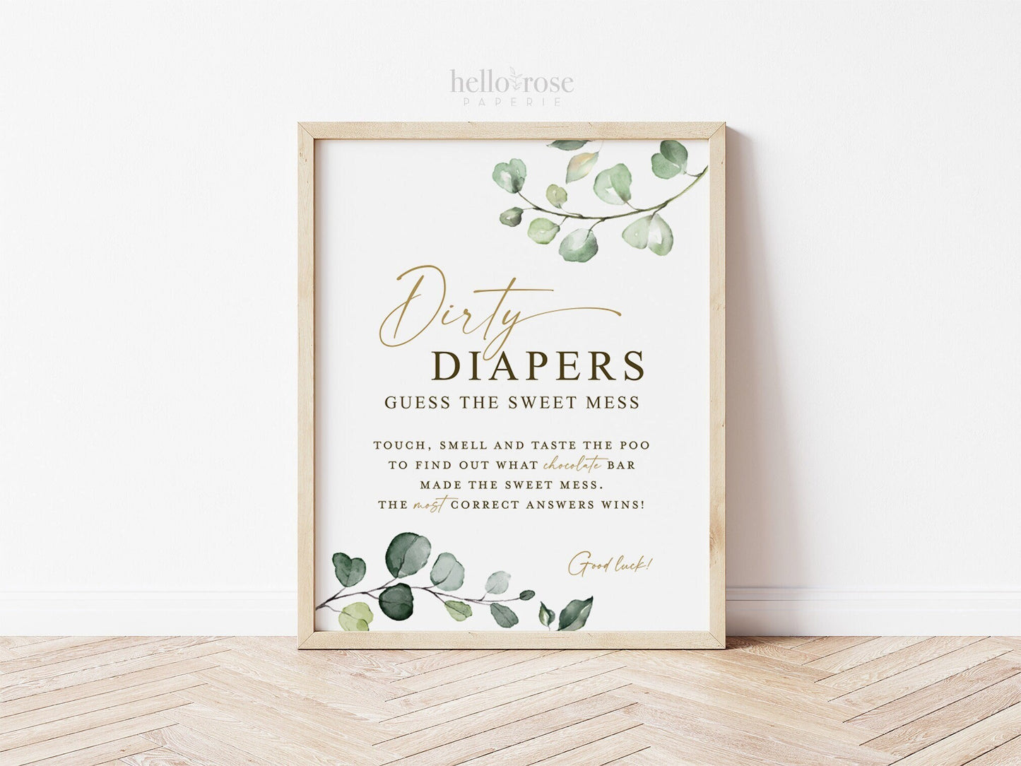 Dirty Diapers Guess the Sweet Mess Game Sign . Boy Girl Baby Shower Chocolate Bar Game . Greenery + Gold . 8x10 Instant Digital Download G2