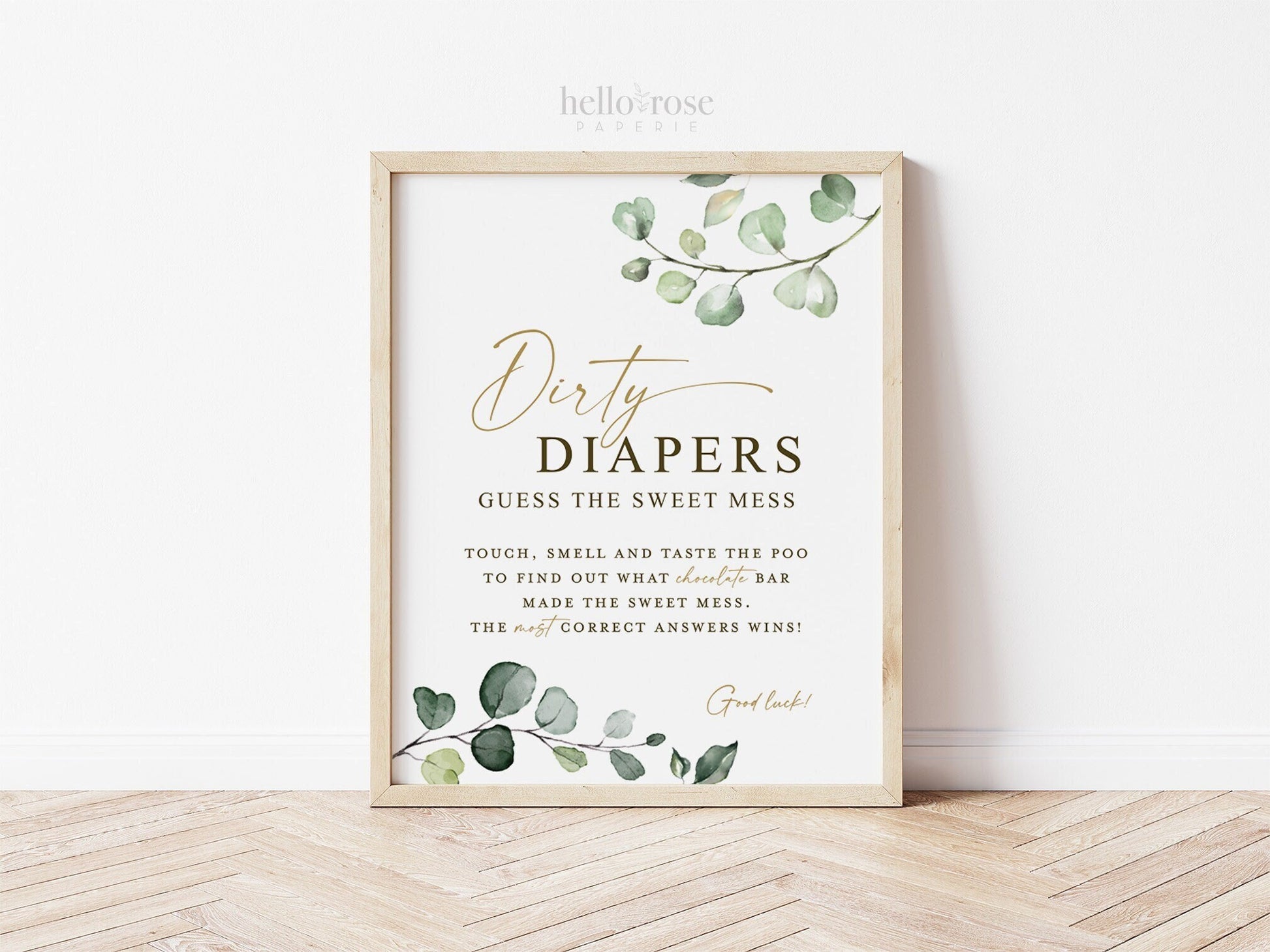 Dirty Diapers Guess the Sweet Mess Game Sign . Boy Girl Baby Shower Chocolate Bar Game . Greenery + Gold . 8x10 Instant Digital Download G2