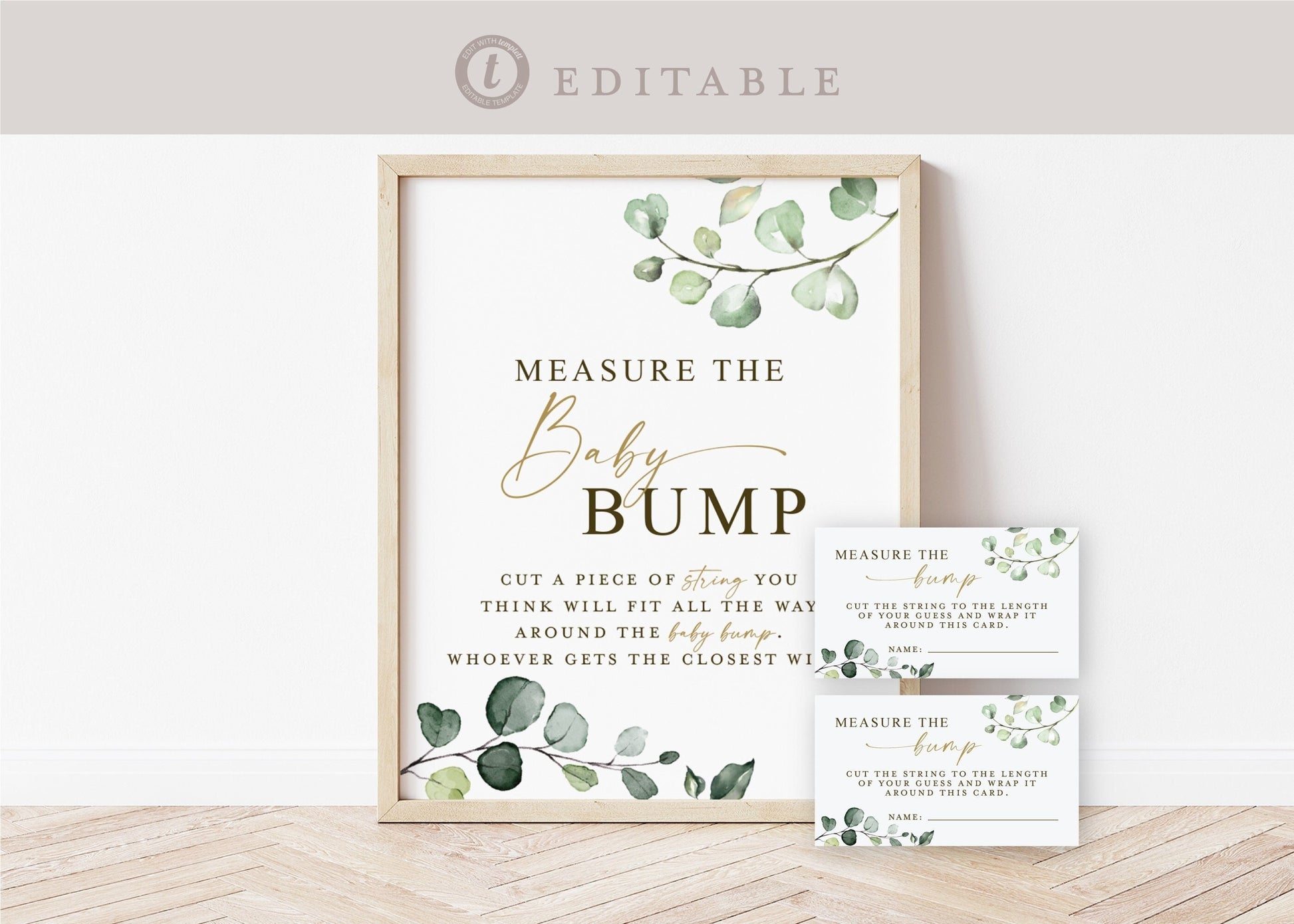 Measure the Baby Bump Baby Shower Game Sign + Cards . Boy Girl Neutral . Greenery Gold . PRINTABLE Editable Template Download Templett G2-T