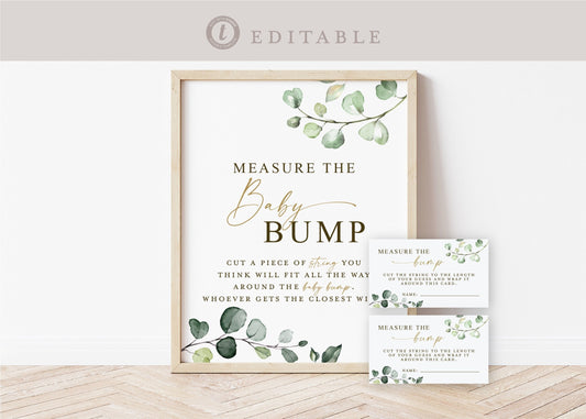 Measure the Baby Bump Baby Shower Game Sign + Cards . Boy Girl Neutral . Greenery Gold . PRINTABLE Editable Template Download Templett G2-T