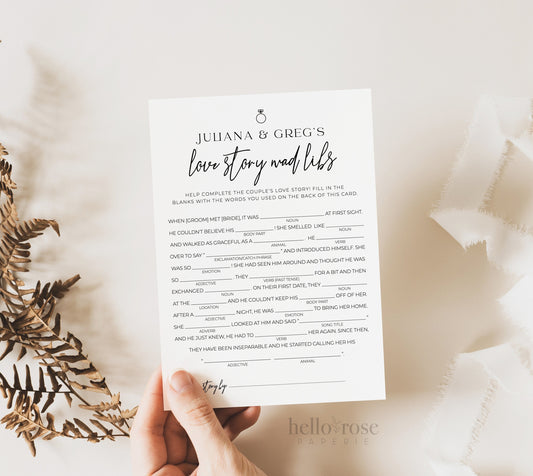 Love Story Mad Libs Personalized Bridal Shower Wedding Bachelorette Game . Minimalist PRINTABLE Editable Template . Download Templett M2-T