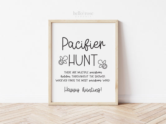 Pacifier Hunt Baby Shower Game Sign . Boy Girl Neutral . Kraft + Minimalist Black & White . Printable 8x10 Instant Digital Download . K4