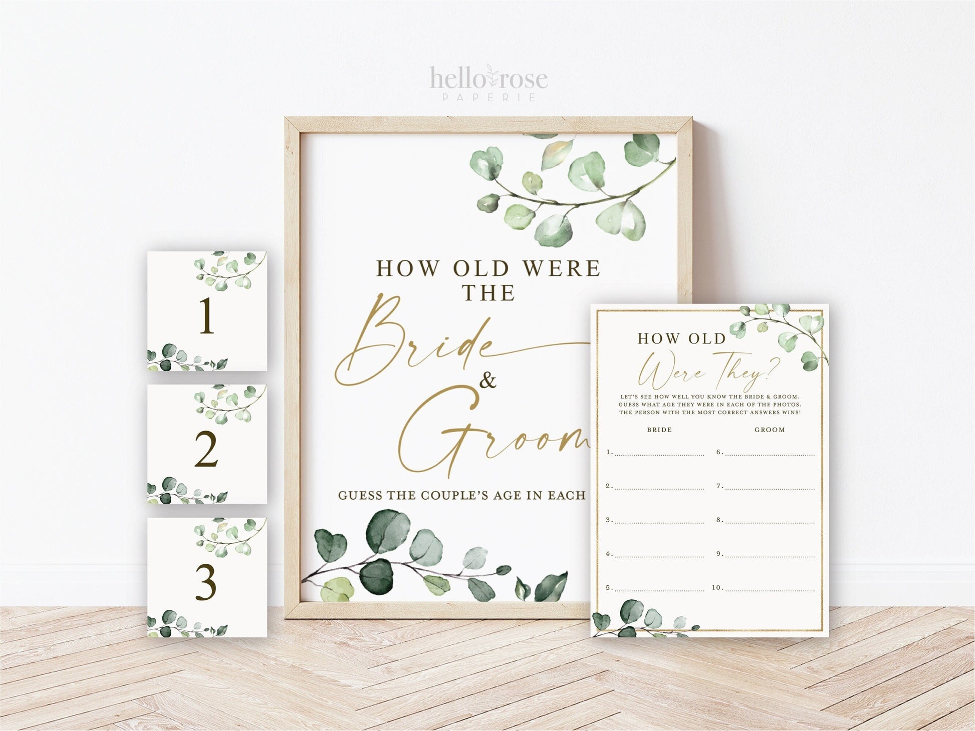 How Old Were They . Bride and Groom Age Game Guess Cards + Sign Printable . Greenery + Gold . Bridal Shower Bachelorette Party . Download G2