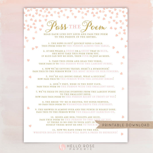 Pass the Poem Bridal Shower Game Printable 8x10 . Pass Along Gift Passing Poem . Wedding Bachelorette Hens Party Game . Instant Download
