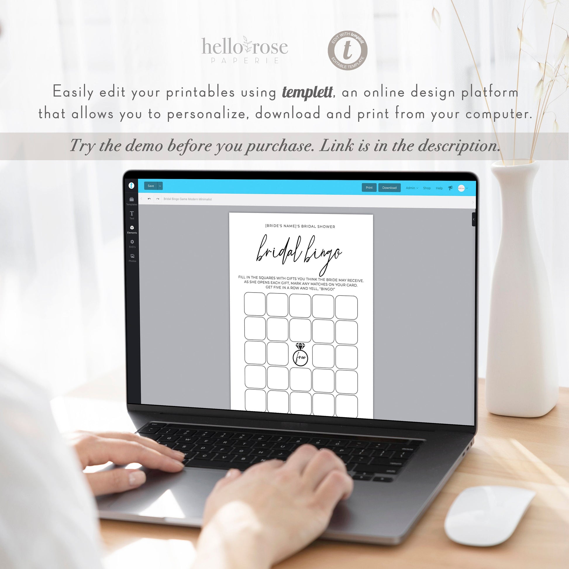 Bridal Bingo Editable Game . Bridal Shower Gift Opening Game . Minimalist PRINTABLE Editable Template . Instant Download Templett M2-T