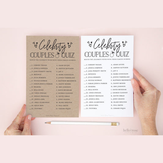 Celebrity Couples Quiz + Answer Key . Printable Bridal Shower Game . Kraft + Minimalist Black and White . Instant Digital Download PDF
