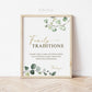 Family Traditions Cards and Sign Printable . Baby Shower . Greenery + Gold . Share a Favorite Family Childhood Memory . Instant Download G2