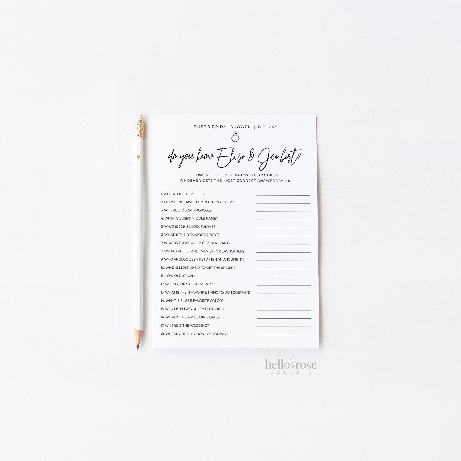 Who Knows the Couple Best Personalized Bridal Shower Bachelorette Hens Game . Minimalist PRINTABLE Editable Template Download Templett M2-T