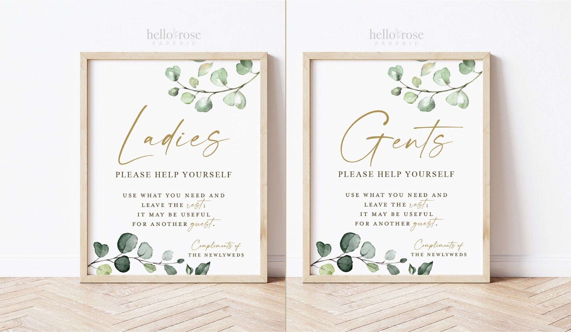 Wedding Bathroom Basket Printable Signs . Ladies and Gents Wedding Restroom . Please Help Yourself . Greenery and Gold . Instant Download G2