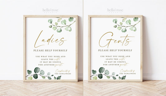 Wedding Bathroom Basket Printable Signs . Ladies and Gents Wedding Restroom . Please Help Yourself . Greenery and Gold . Instant Download G2