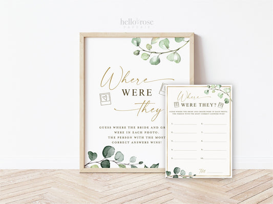 Where Were They Game Cards + Sign Printable . Where in the World . Greenery + Gold . Bridal Shower Bachelorette Party . Instant Download G2