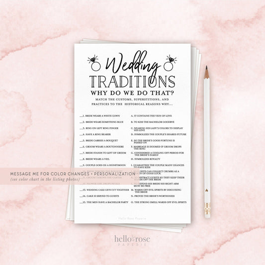 Wedding Traditions Printable Bridal Shower Trivia Game . Wedding Bachelorette Hens Party . Black and White Kraft . Instant Download PDF