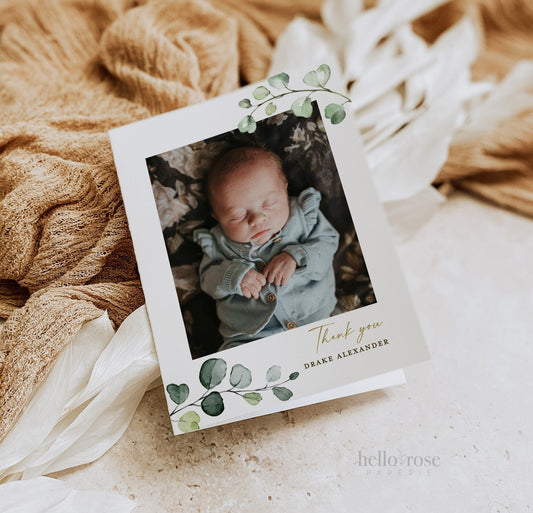 Editable Thank You Card Template with Photo . Baptism Christening Baby Shower . Greenery . PRINTABLE Templett Instant Download . G2-T
