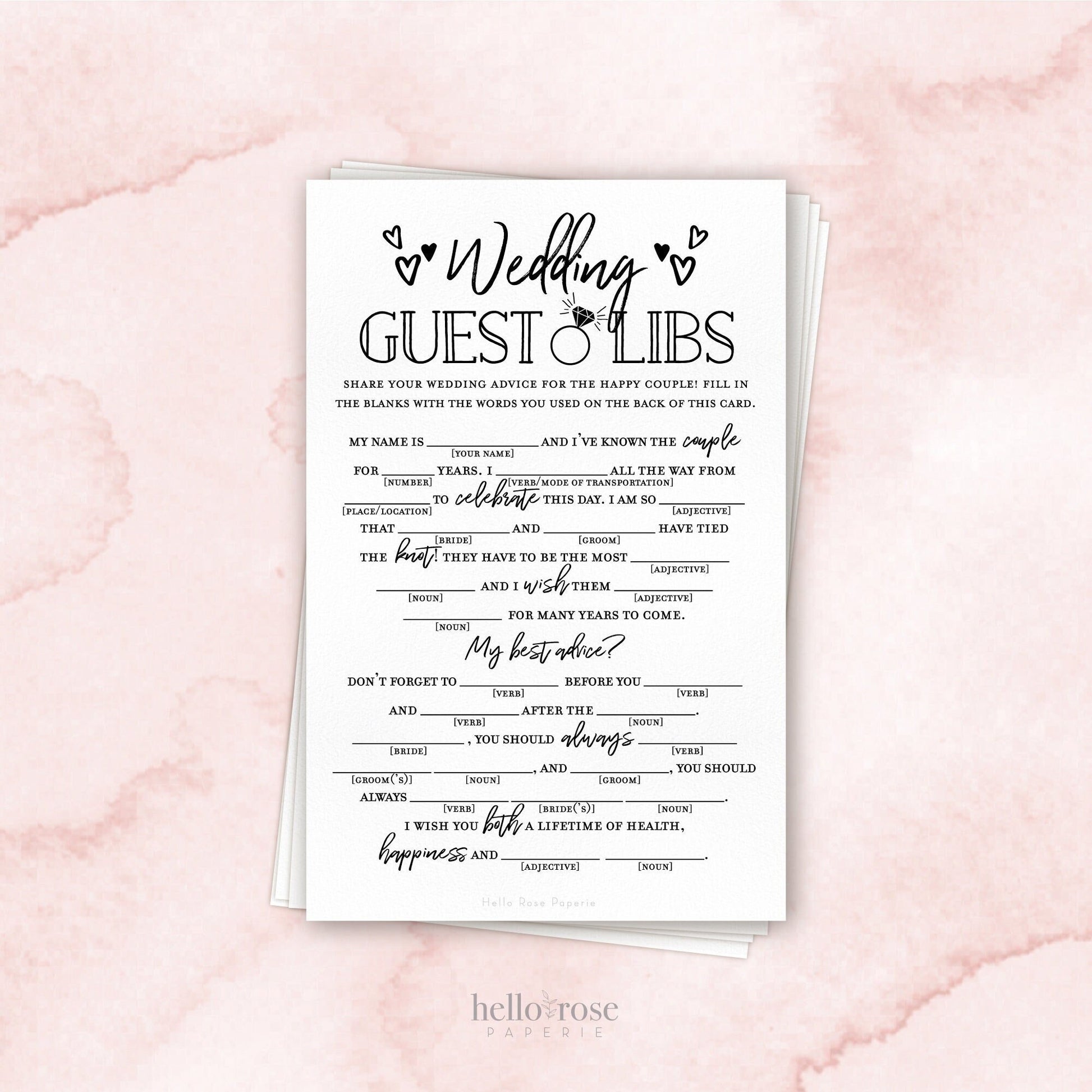Wedding Guest Libs . Printable Funny Wedding Advice Mad Libs Game . Kraft + Minimalist Black & White . Instant Download Printable