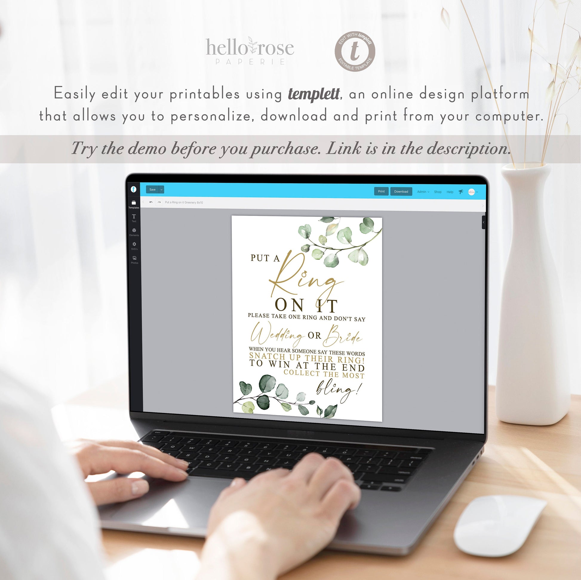 Put a Ring On It Game Sign . Bridal Shower Bachelorette Party . Greenery + Gold . PRINTABLE Editable Template Instant Download Templett G2-T