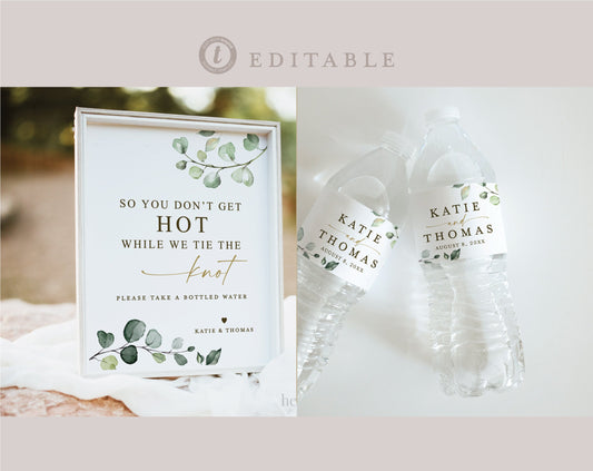 So You Don't Get Hot Take a Water Bottle Sign + Labels . Wedding Greenery . PRINTABLE Editable Template . Instant Download Templett G2-T
