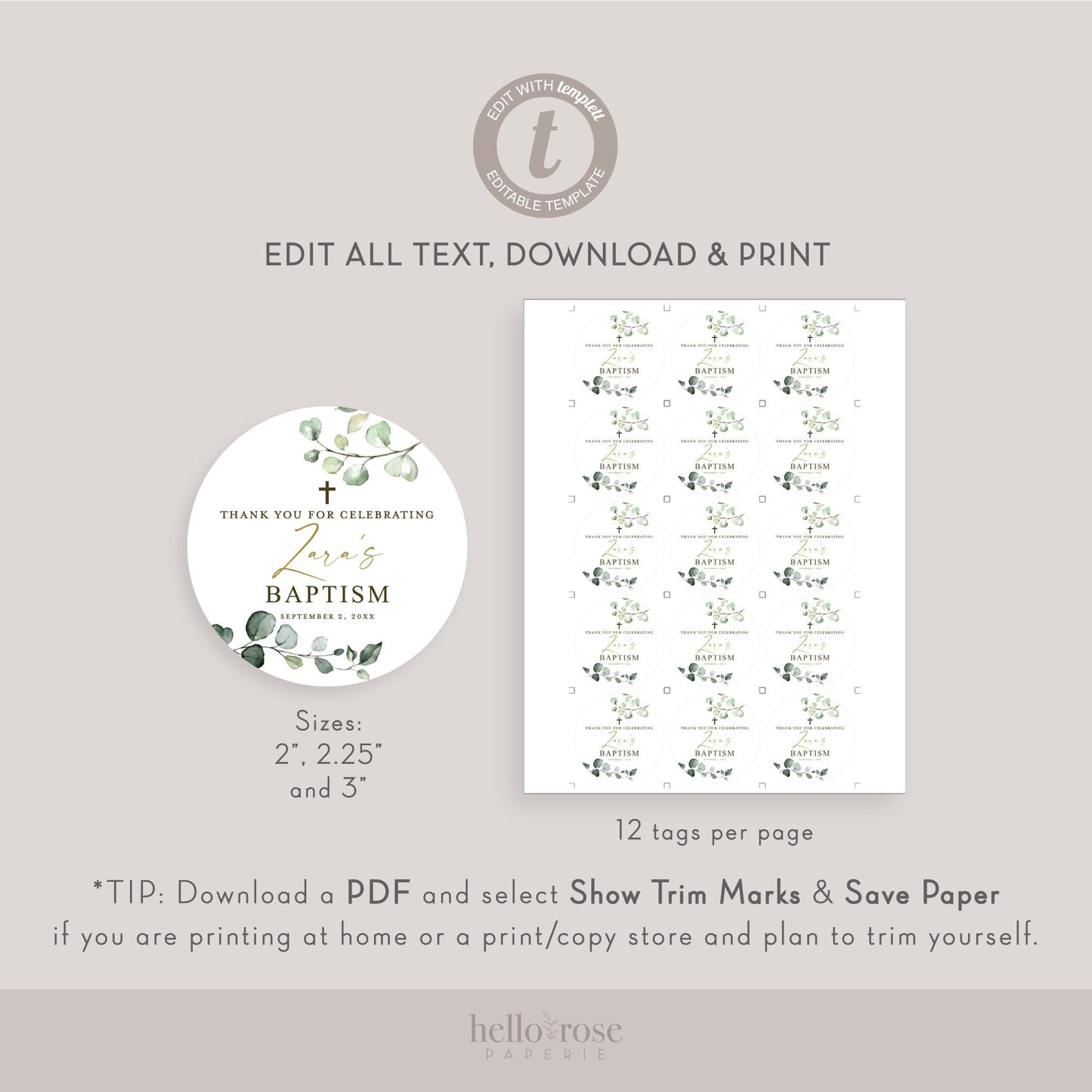 Baptism Thank You Favor Tags Template . Christening Communion Greenery . Personalized Editable PRINTABLE Templett Instant Download G-2