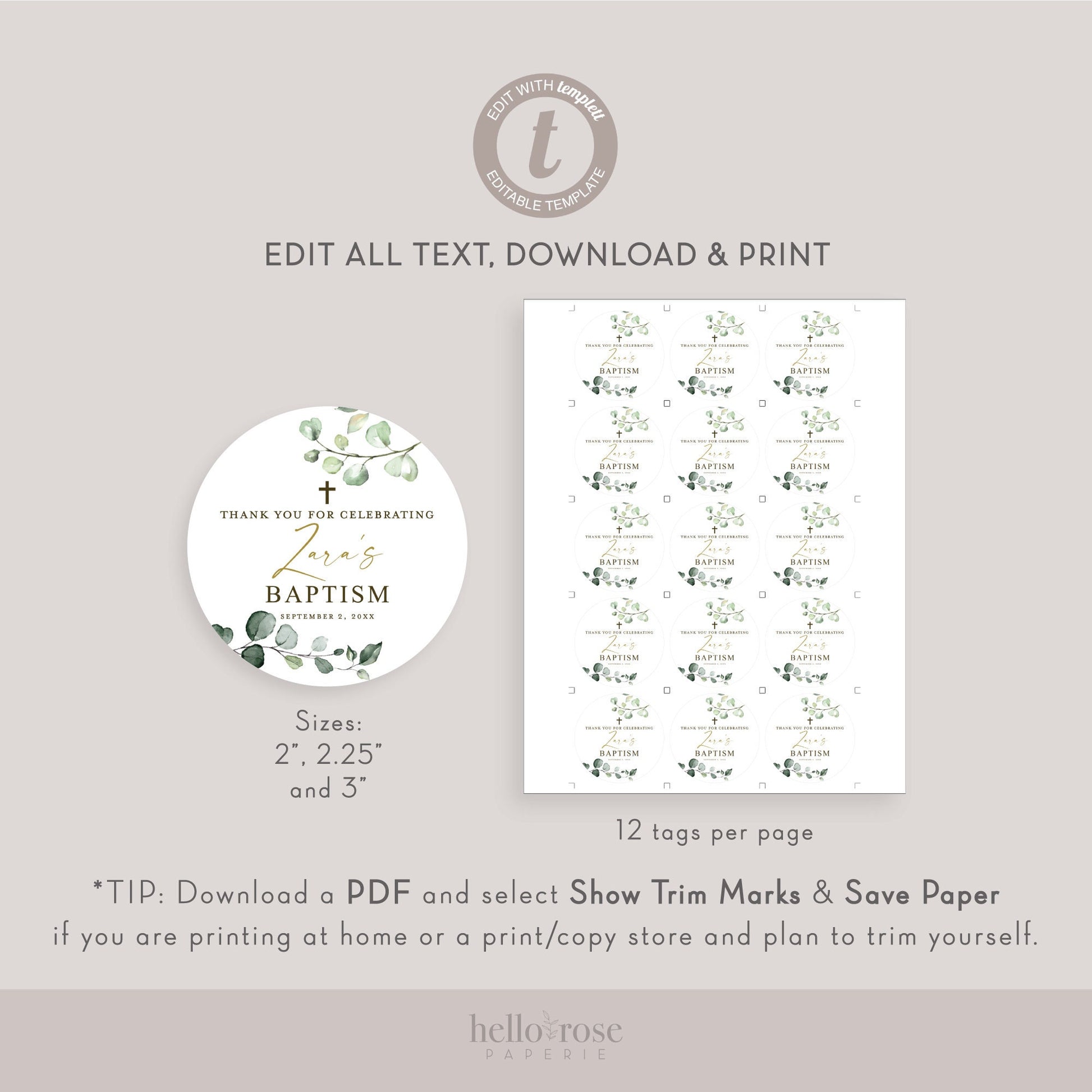 Baptism Thank You Favor Tags Template . Christening Communion Greenery . Personalized Editable PRINTABLE Templett Instant Download G-2