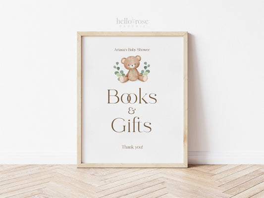 Books and Gifts Sign Template . Books for Baby . Teddy Bear Baby Shower Blue Pink Green . PRINTABLE Editable Templett Instant Download B1-T