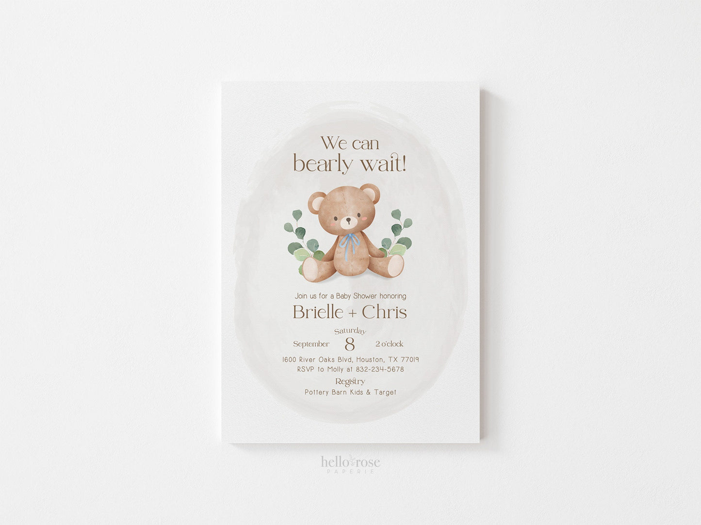 Editable Teddy Bear Baby Shower Invitation and Envelope Template Bundle . 3 Colors Green Blue Pink Neutral . Templett Instant Download B1-T