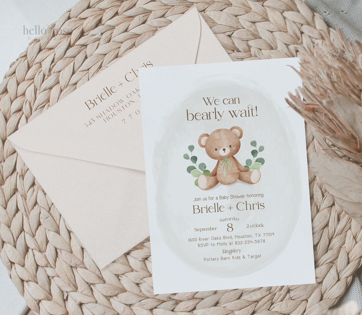 Editable Teddy Bear Baby Shower Invitation and Envelope Template Bundle . 3 Colors Green Blue Pink Neutral . Templett Instant Download B1-T