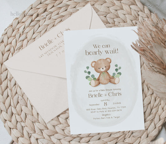 Editable Teddy Bear Baby Shower Invitation and Envelope Template Bundle . 3 Colors Green Blue Pink Neutral . Templett Instant Download B1-T
