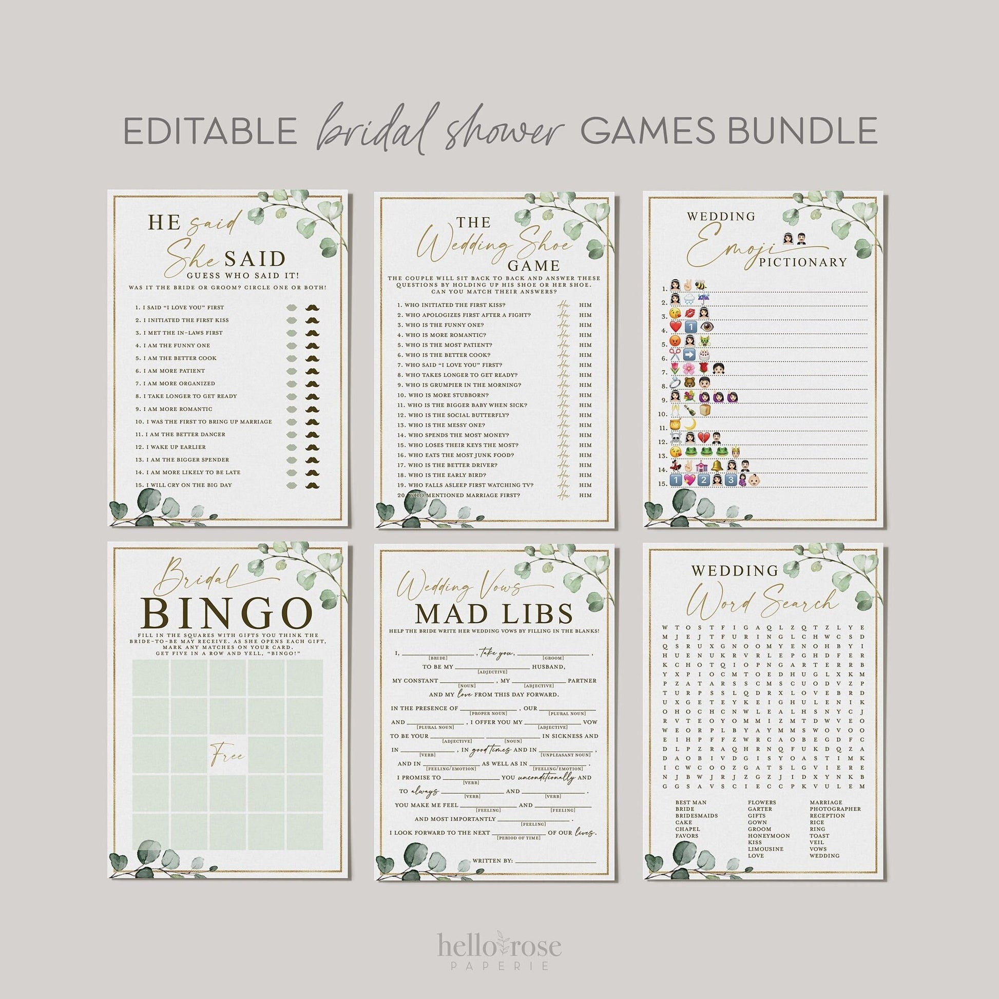 Bridal Shower Game Bundle . 15 Editable Printable Games . Greenery + Gold Best Sellers . Editable Template . Instant Download . Templett G2