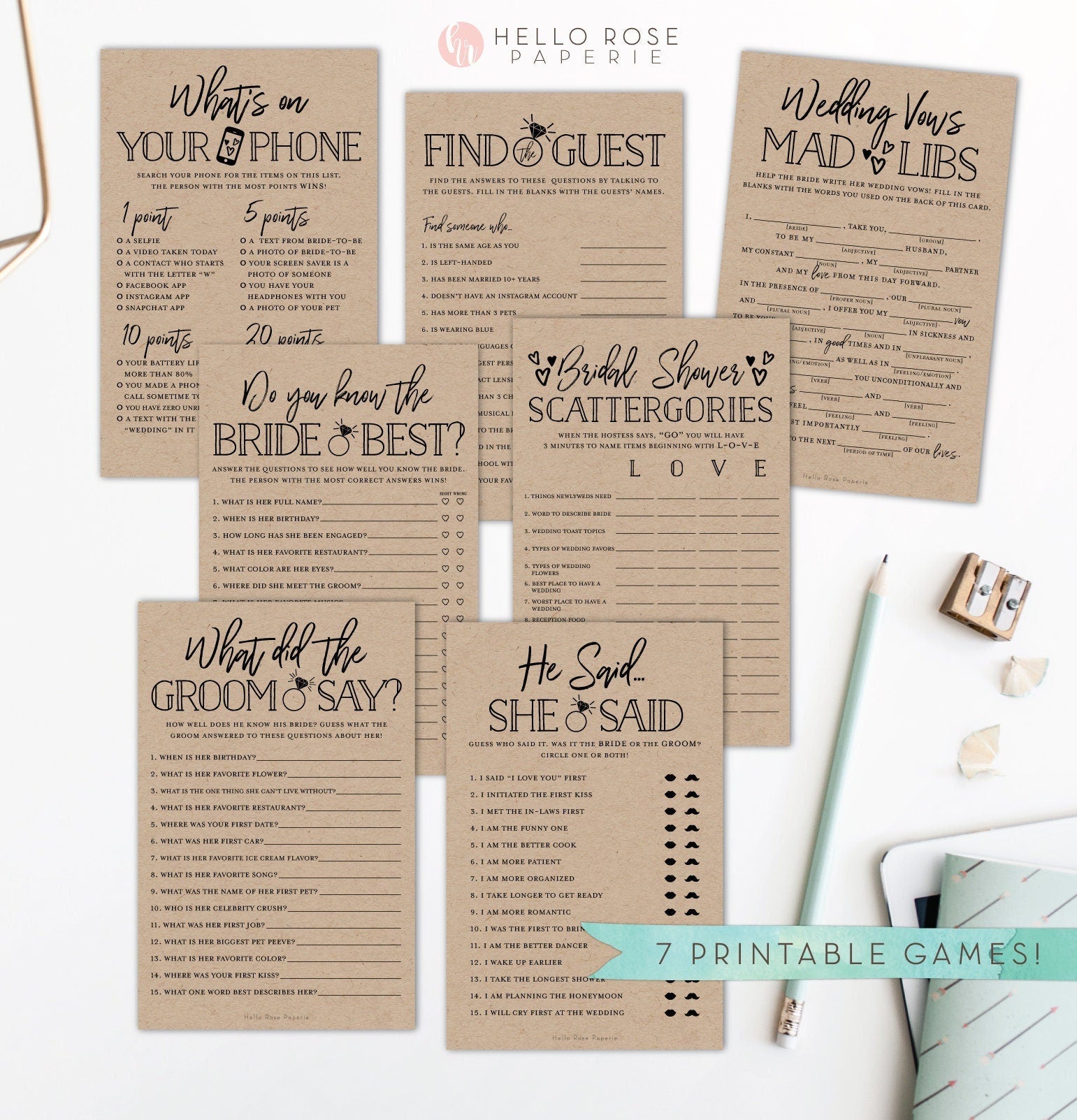 7 Popular Bridal Shower Games Bundle . Virtual + Printable . Rustic Kraft . Digital Download Package . Modern Funny Games for Large Groups