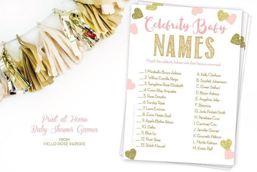 Celebrity Baby Name Shower Game and Answers . Pink and Gold Girl Baby Shower . Fun Game for Large Groups . Printable Instant Download