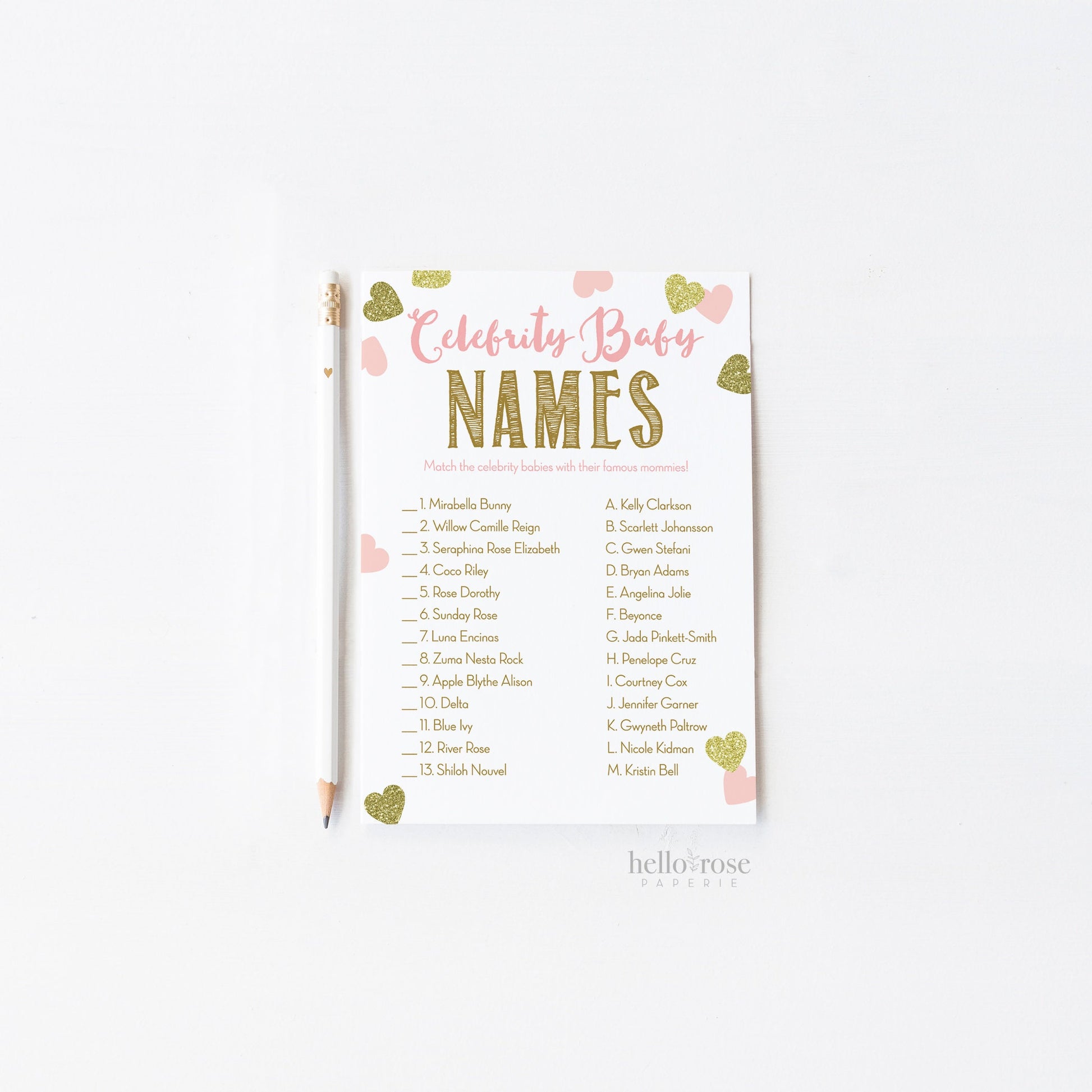 Celebrity Baby Name Shower Game and Answers . Pink and Gold Girl Baby Shower . Fun Game for Large Groups . Printable Instant Download