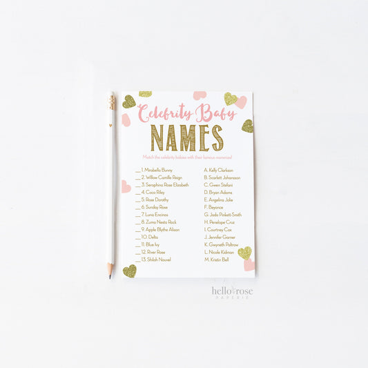 Celebrity Baby Name Shower Game and Answers . Pink and Gold Girl Baby Shower . Fun Game for Large Groups . Printable Instant Download