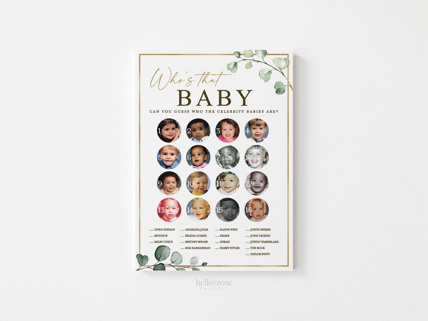 Who's That Celebrity Baby PRINTABLE Baby Shower Game . Greenery and Gold . Instant Download . G2