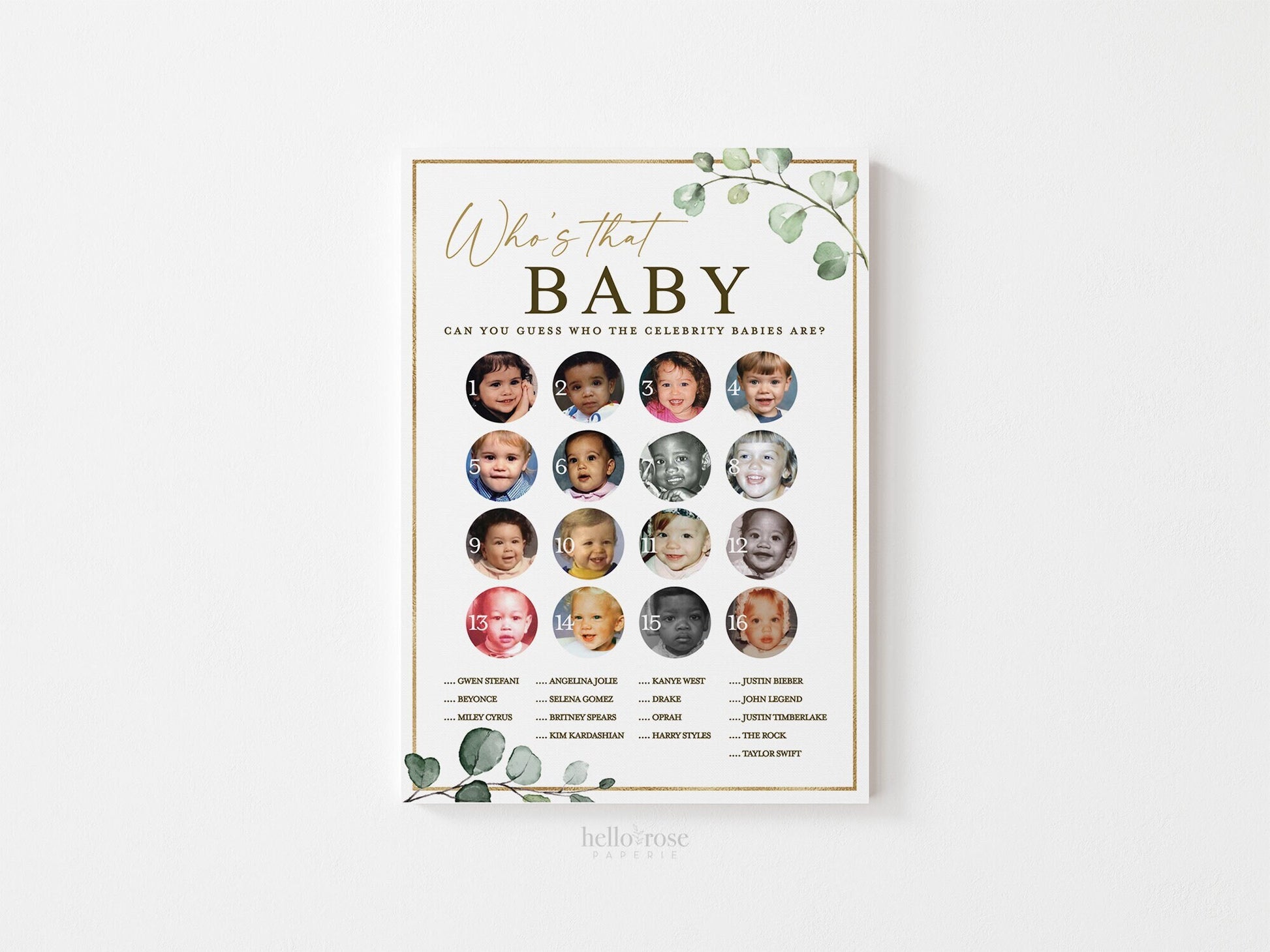 Who's That Celebrity Baby PRINTABLE Baby Shower Game . Greenery and Gold . Instant Download . G2