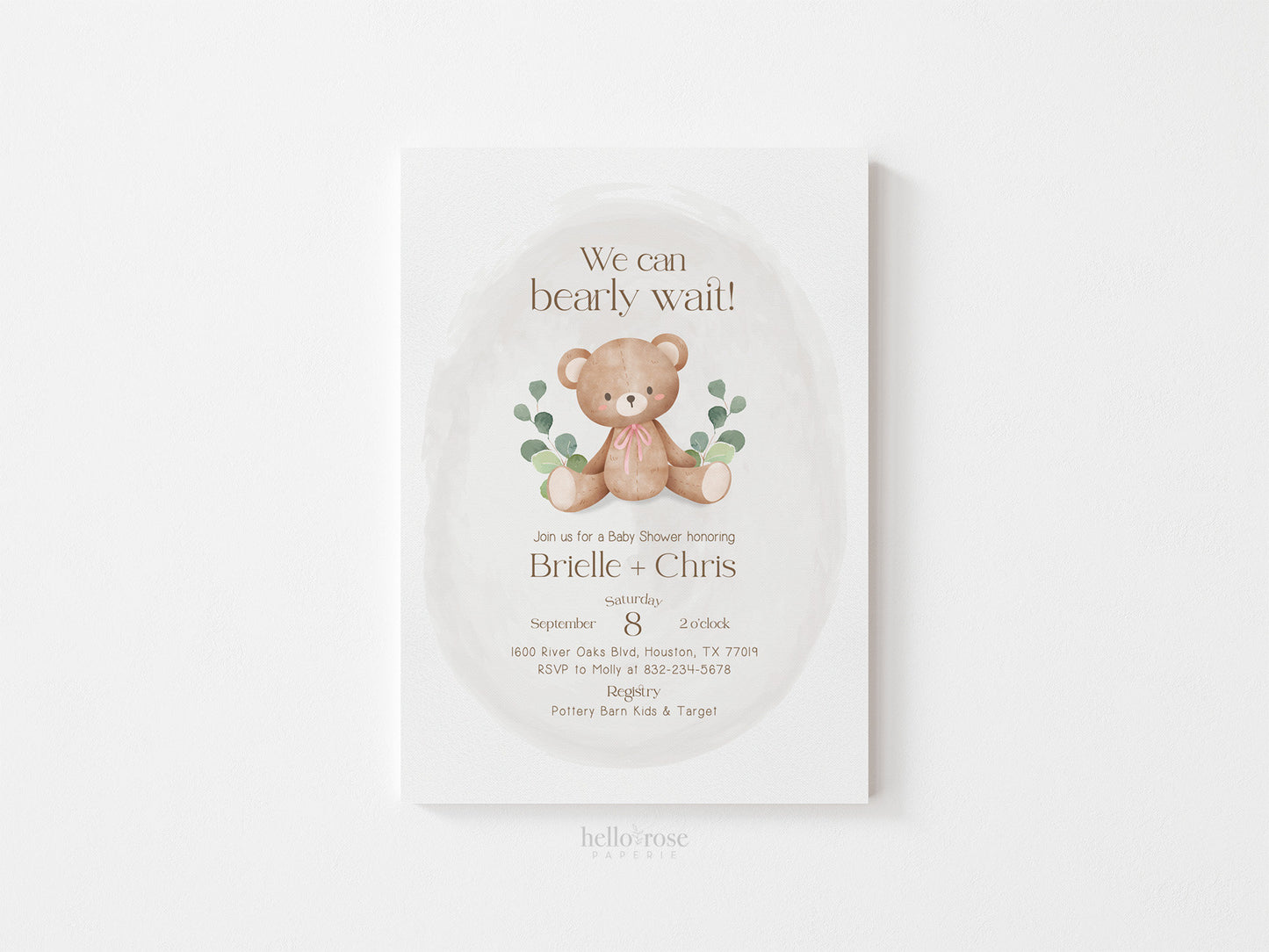 Editable Teddy Bear Baby Shower Invitation and Envelope Template Bundle . 3 Colors Green Blue Pink Neutral . Templett Instant Download B1-T