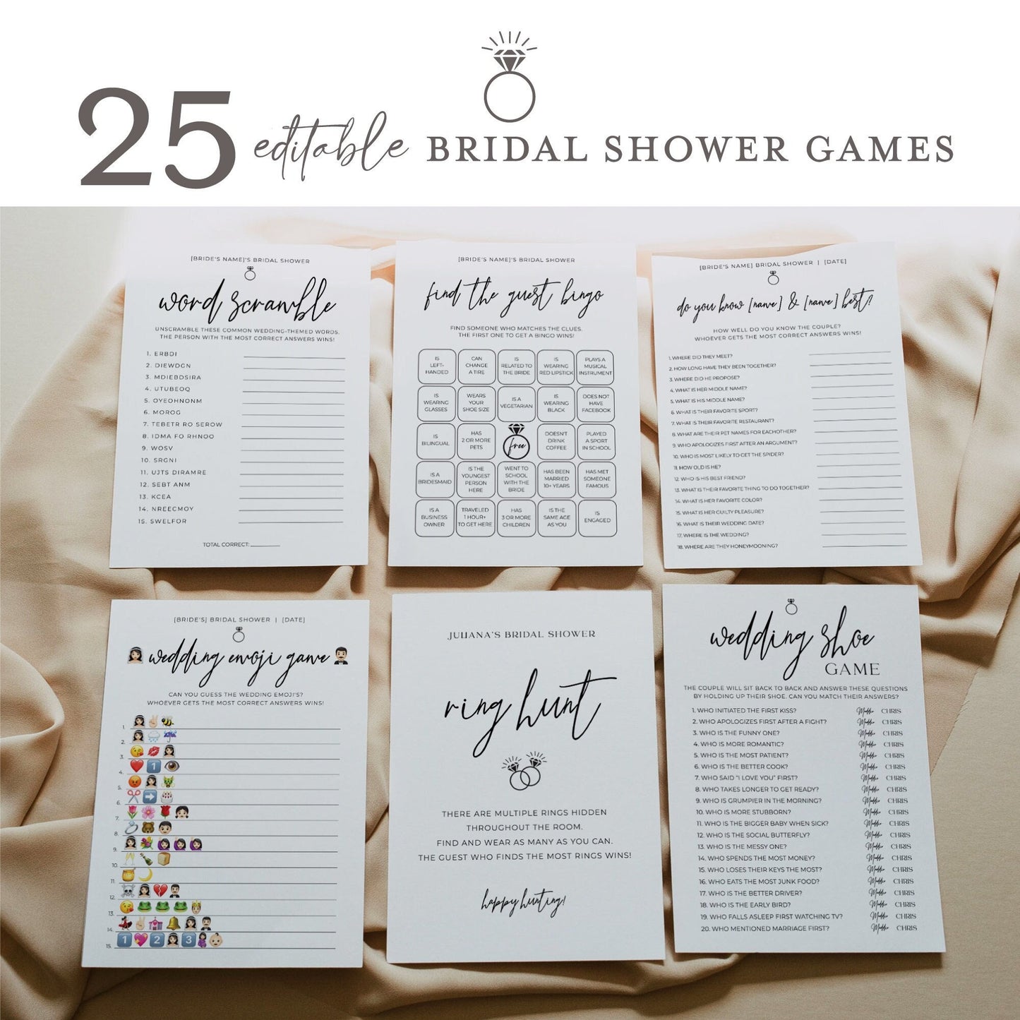 Minimalist Bridal Shower Games Bundle . 25 Editable Printable Games . Best Sellers . Editable Template . Instant Download Templett