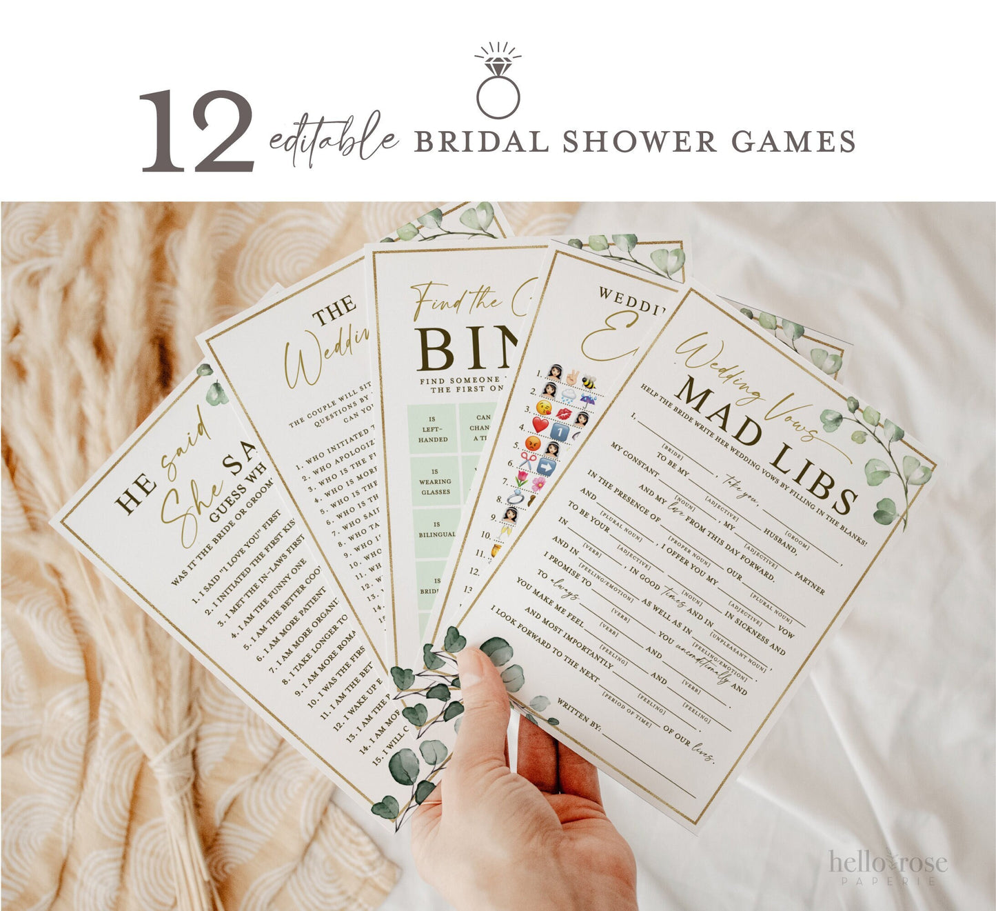 12 Bridal Shower Games Bundle Bestsellers . Printable Wedding Greenery + Gold Games . Editable Template . Instant Download Templett G2-T