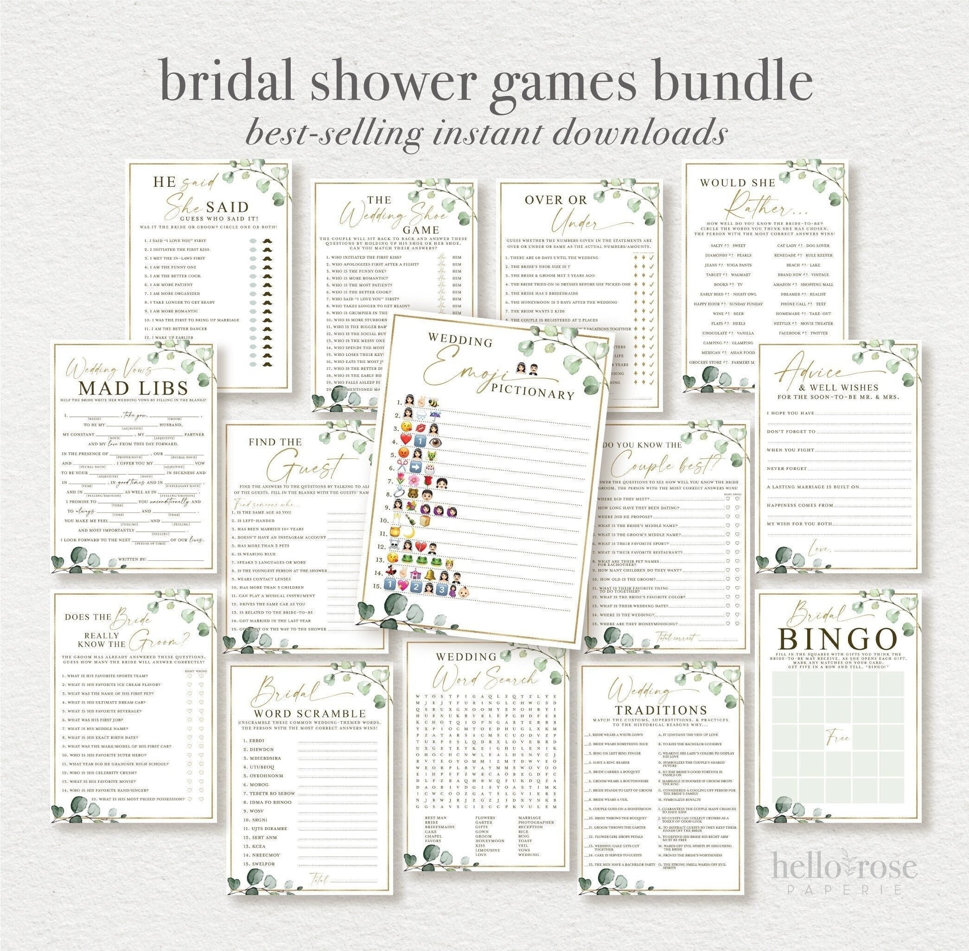 PRINTABLE Bridal Shower Games Bundle . 14 Best Selling Games of 2022 . Instant Digital Download Printable Package . Greenery & Gold G2