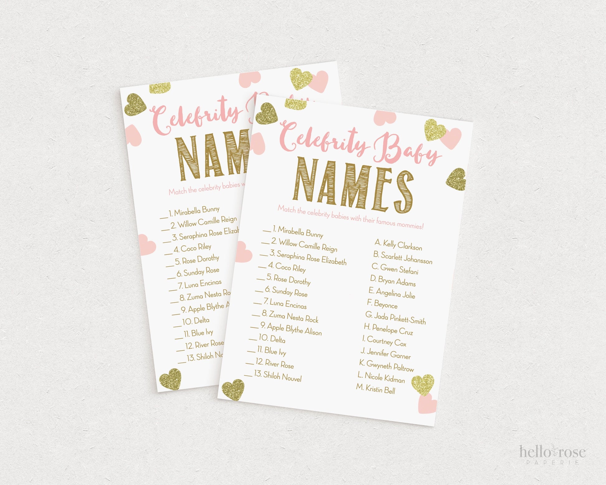Celebrity Baby Name Shower Game and Answers . Pink and Gold Girl Baby Shower . Fun Game for Large Groups . Printable Instant Download