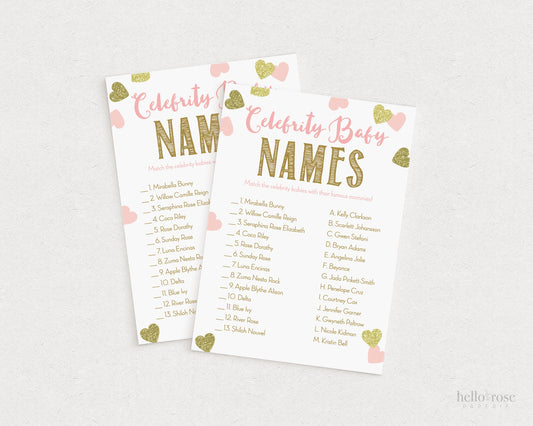 Celebrity Baby Name Shower Game and Answers . Pink and Gold Girl Baby Shower . Fun Game for Large Groups . Printable Instant Download