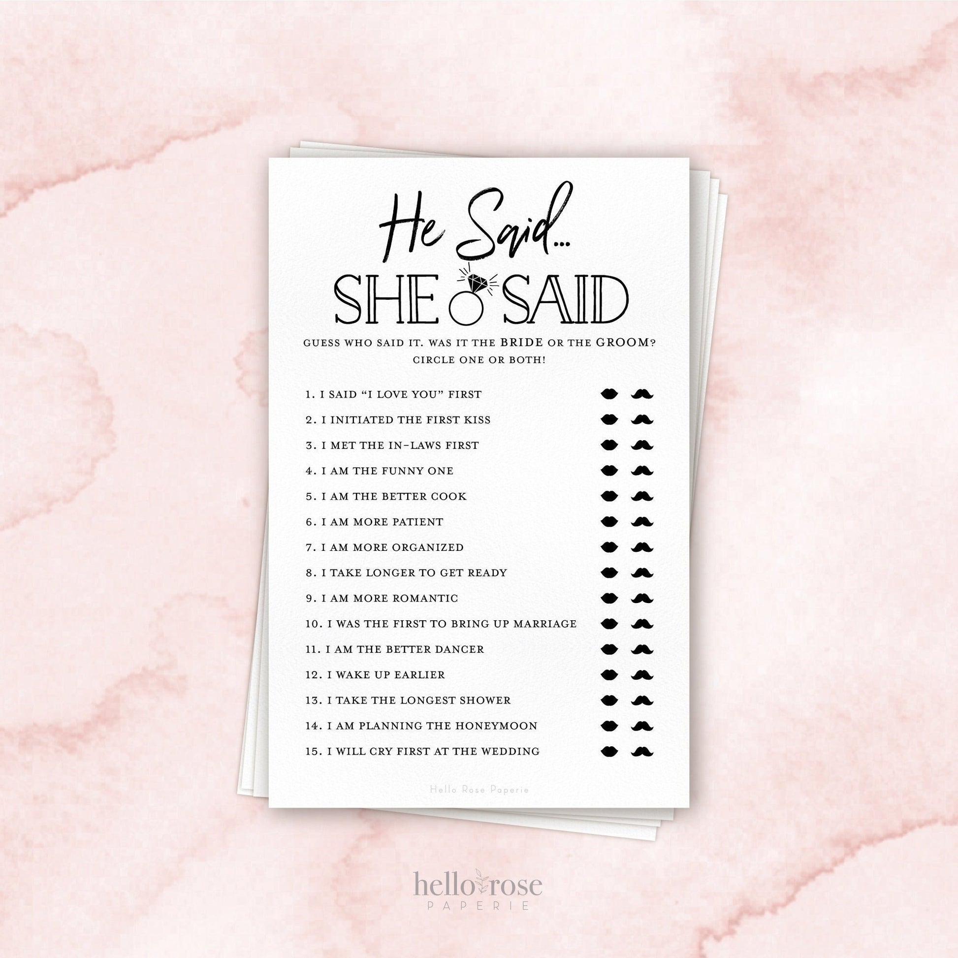 He Said She Said Bridal Shower Printable Game . Who Knows the Bride and Groom Best . Black White Kraft Modern . Instant Digital Download