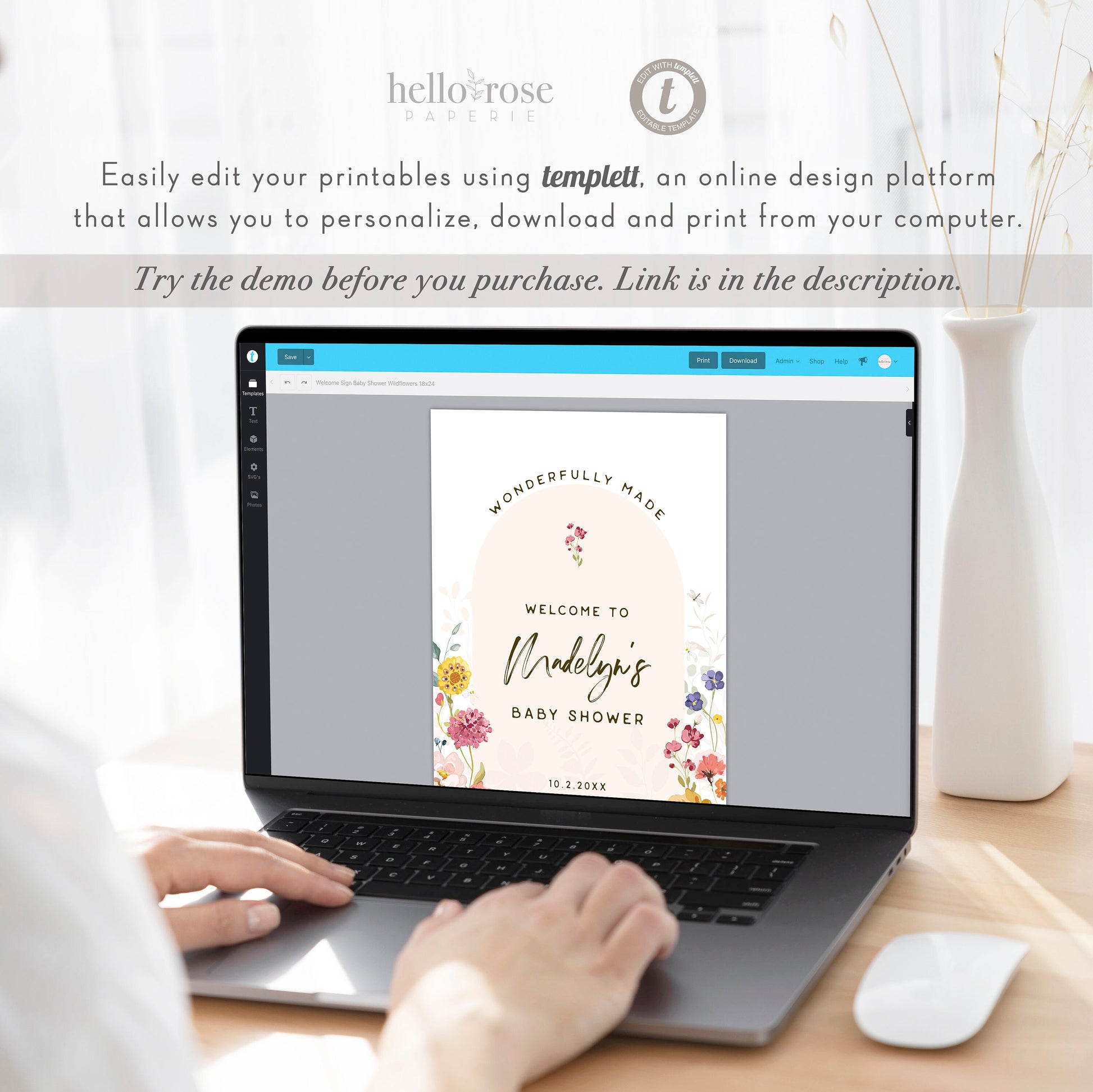 Baby Shower Welcome Sign Template . Wildflowers Girl Baby Shower . PRINTABLE Editable Poster . Instant Download Templett