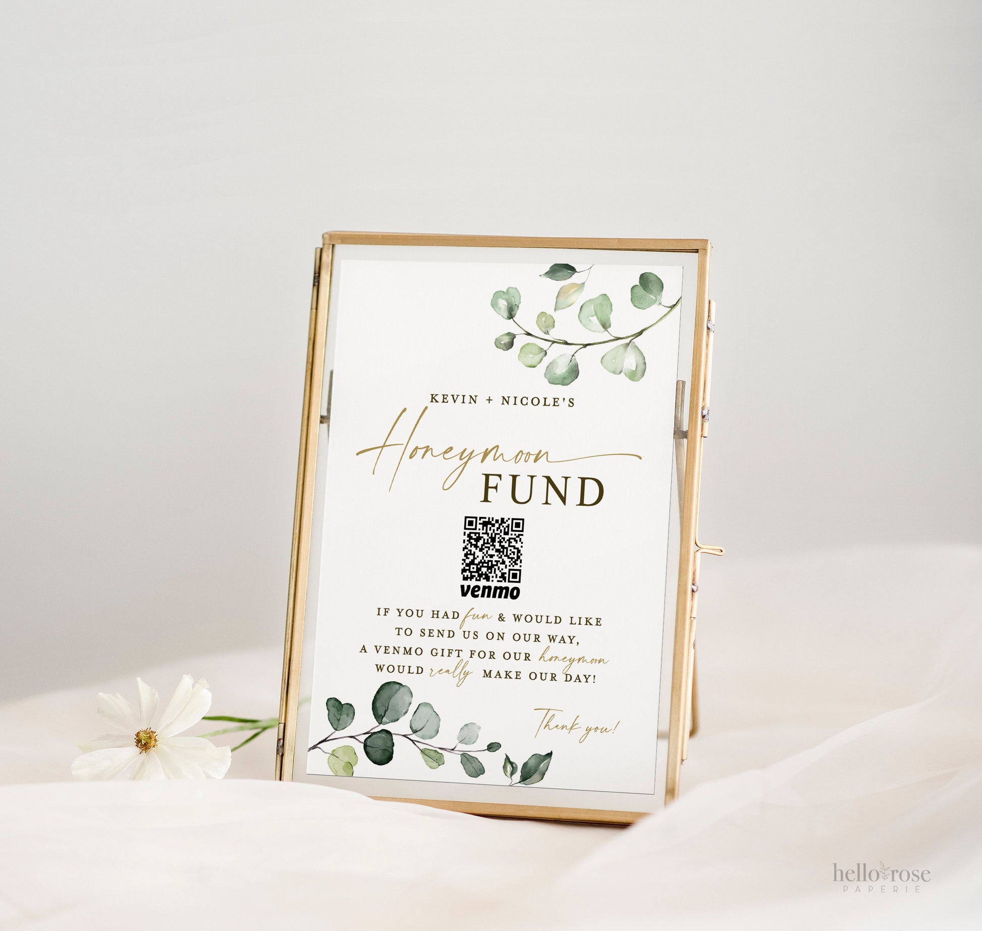Honeymoon Fund QR Code Wedding Sign . Venmo Wedding Honeymoon Cash Gift Sign Printable Template . Greenery . Instant Download Templett G2-T