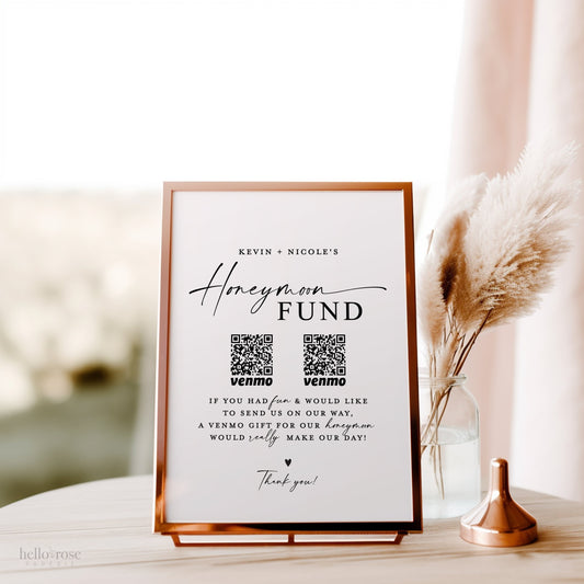 Honeymoon Fund Printable Template . Simple Modern Minimalist Wedding QR Code Gift Sign . Editable Instant Download Templett SM-T